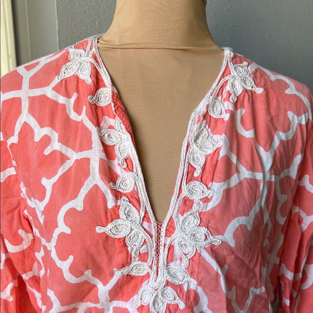 Roberta Roller Rabbit Coral and White Geometric Swim Coverup - Picture 3 of 6